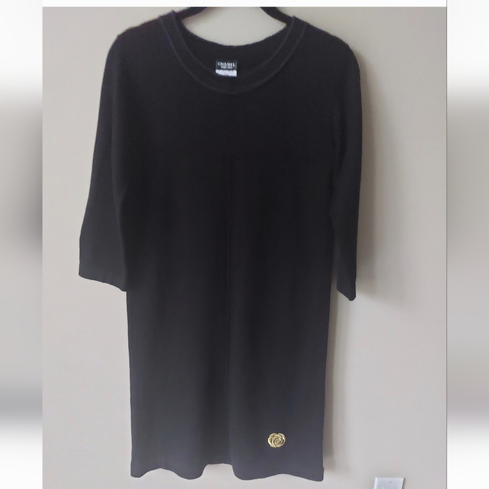 Authentic CHANEL Uniform Wool Knit Dress. Black With Gray Detail At Neckline XS
